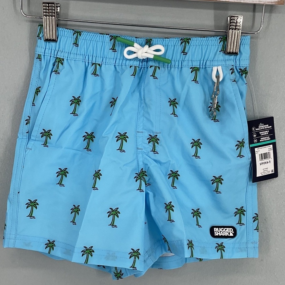 Rugged Shark Boys Swim Shorts Blue Palm Tree UPF 50+ Recycled S 6-7